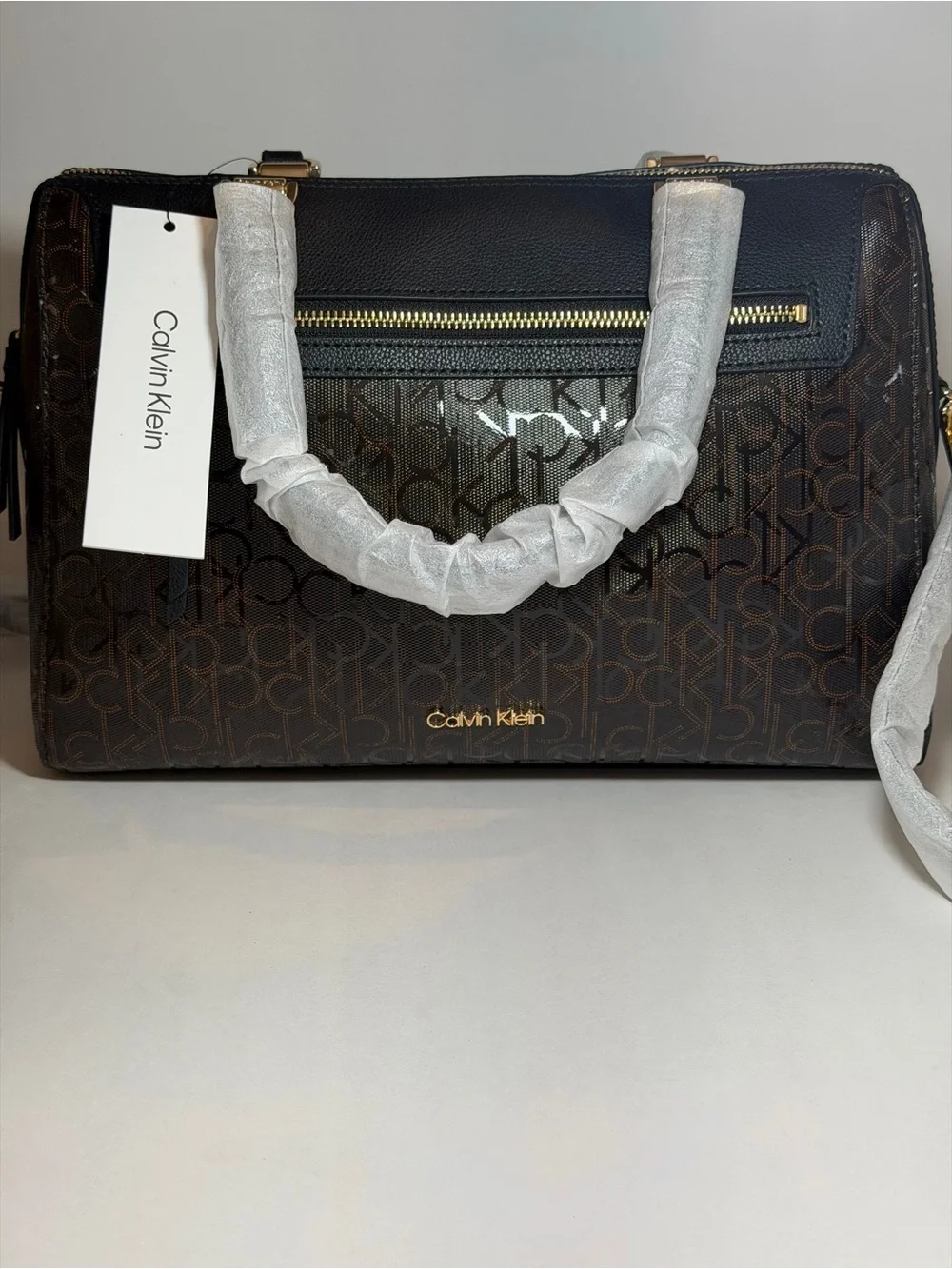Calvin Klein Brown Monogram Satchel with Gold Hardware